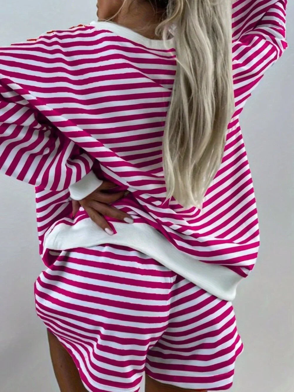 Purple Striped Women's Sleeve Top & Shorts Lounge Set